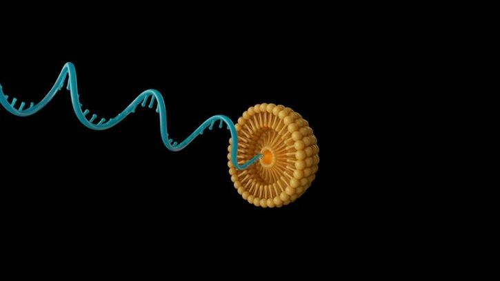 3D illustration of a single-stranded RNA strand emerging from a spherical lipid nanoparticle on a black background.