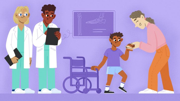 Illustration of doctors helping a disabled child out of a wheelchair, to accompany an article on human functioning published in Frontiers for Young Minds