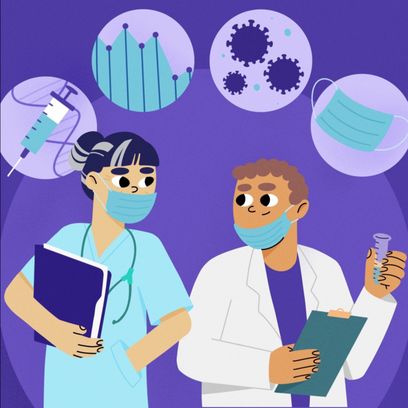 Illustration of medical professionals discussing disease prevention and treatment, such as vaccines, data, how diseases spread, and wearing masks. 