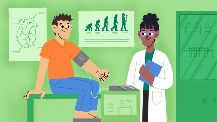 Illustration of a doctor taking a patient's blood pressure, to accompany an article on evolutionary medicine published in Frontiers for Young Minds