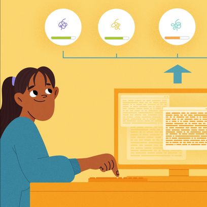 Illustration of a scientist using a computer to analyze data on patients' genes and proteins, to identify unique patterns or connections