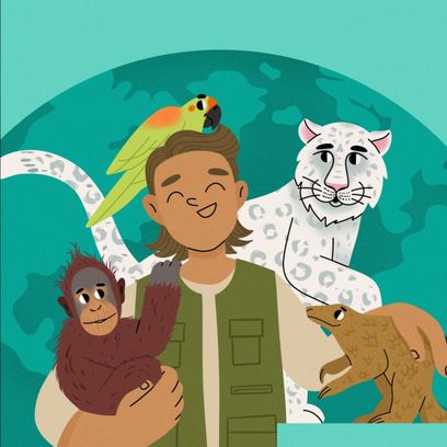 Illustration of a conservation worker interacting with endangered animals to accompany a Frontiers for Young Minds article on protecting Earth's irreplaceable species