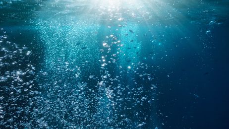 Photo of underwater bubbles and sunlight rays