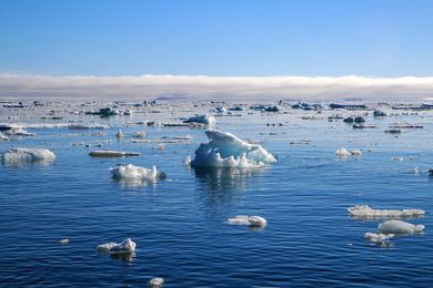 Glacier on the sea near the coast. Arctic ocean, North Pole.
