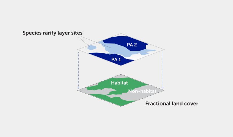 Diagram of an overlay species rarity layer with fractional habitat layer to identify Conservation Imperatives