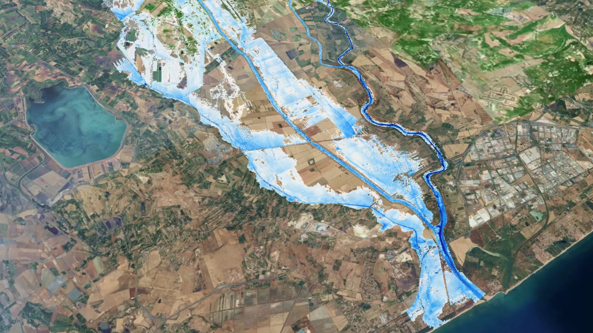 Image from the Digital Twin Earth (DTE) Hydrology Platform, of a simulation of the flood in Sicily, Italy, following the 2021 hurricane (medicane) Apollo