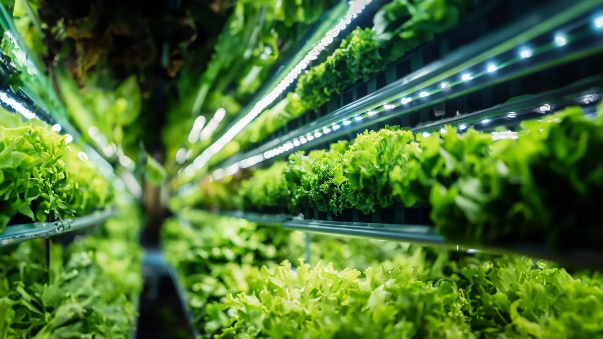 Image of rows of lettuce growing in a vertical farm