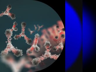 3D illustration of antibodies with a virus in the background.